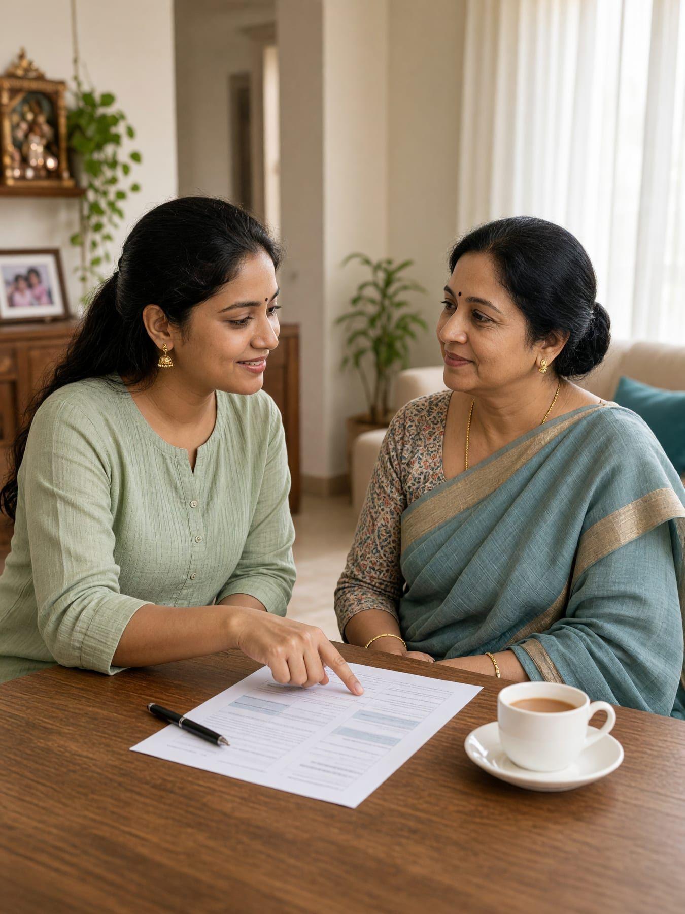 A coordinator briefing a caregiver with a printed care sheet before she moves in