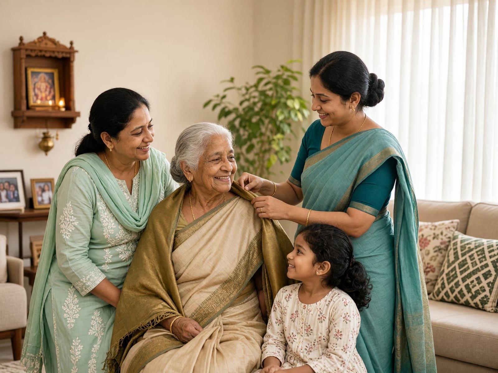 Three generations of a Hyderabad family at home with their caregiver