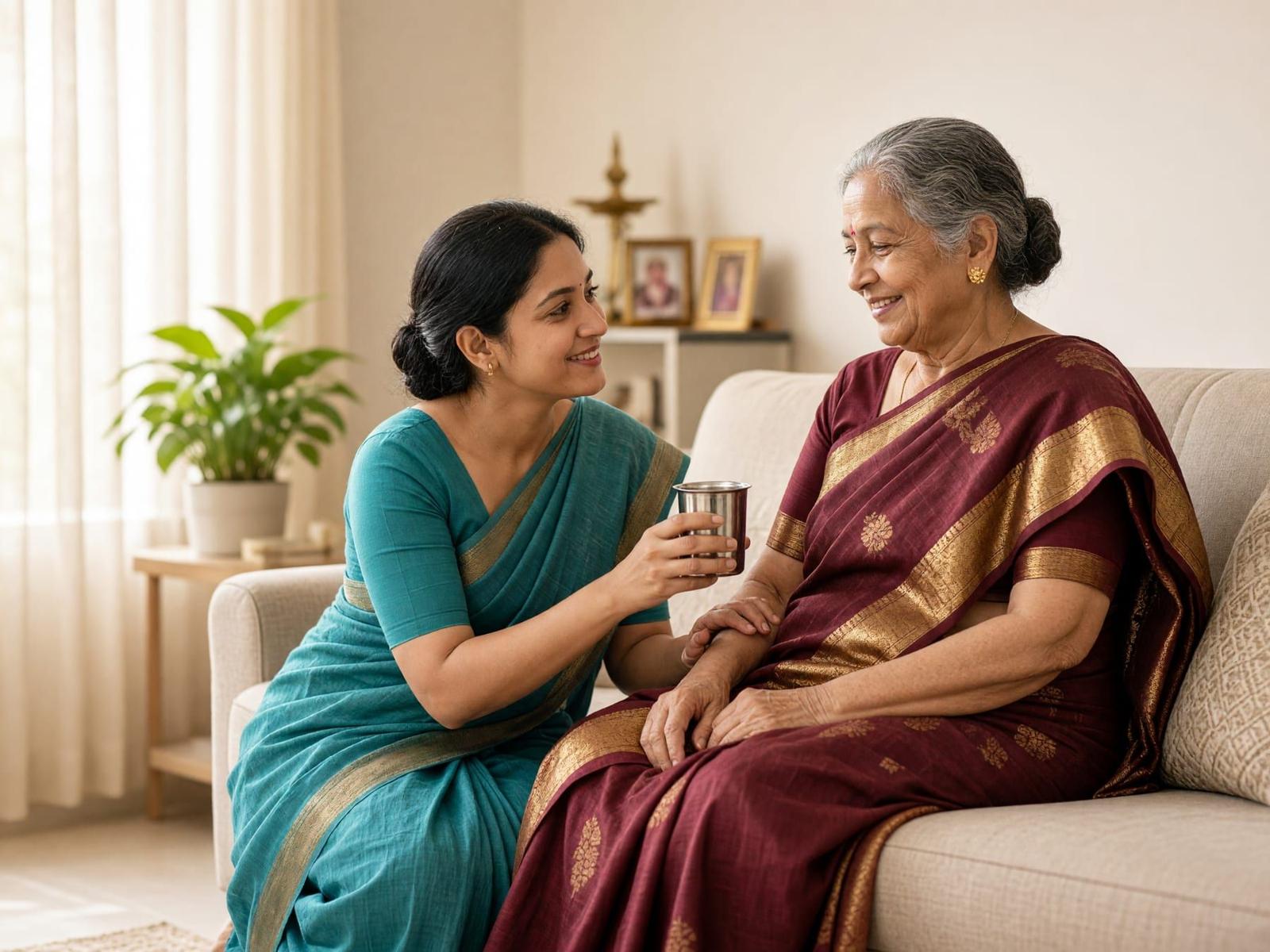 A caregiver and an elderly woman laughing together on a sofa in a sunlit Hyderabad home