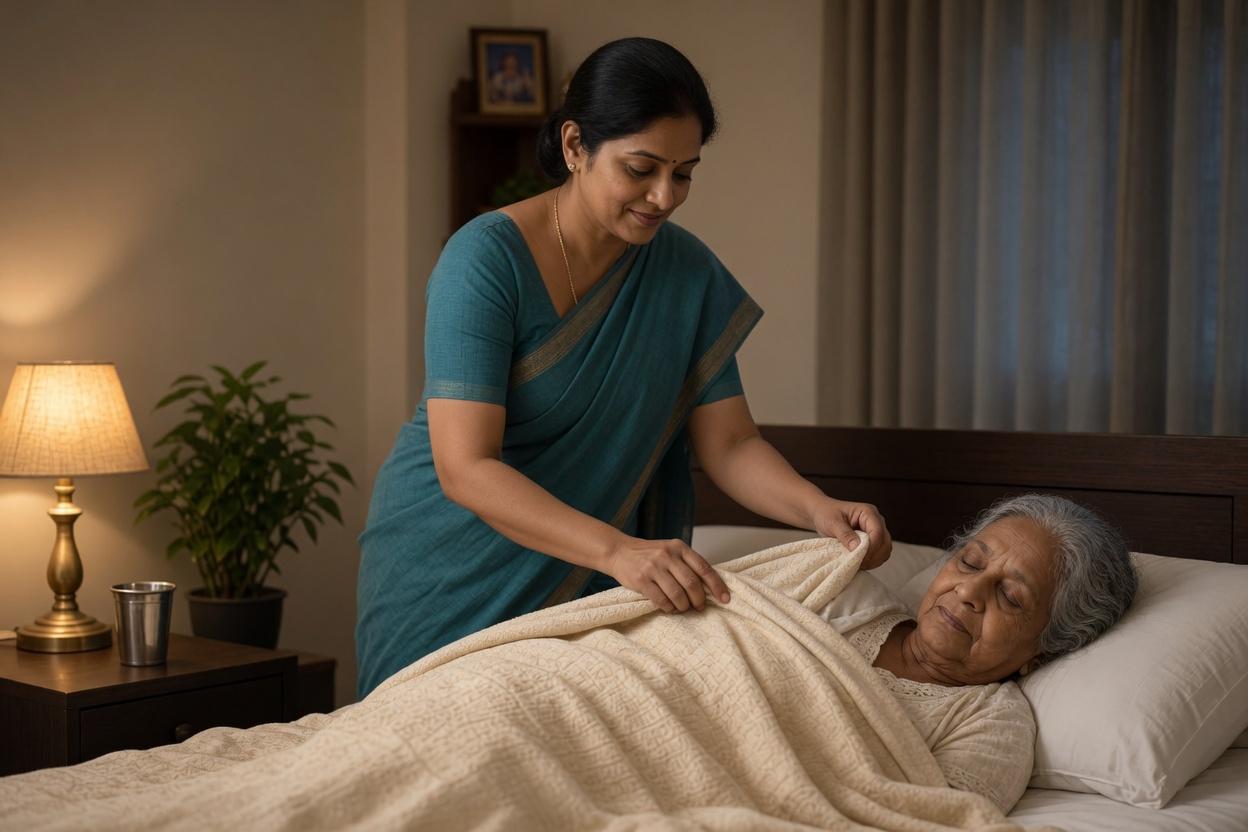 A live-in caregiver checking on an elderly woman sleeping peacefully