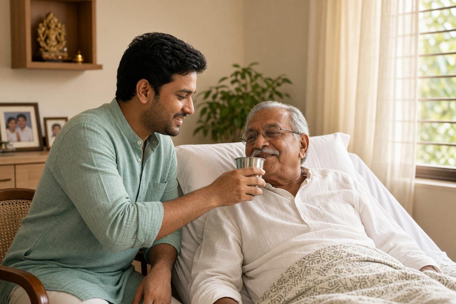 A patient attendant sitting beside a hospital bed, keeping a patient company