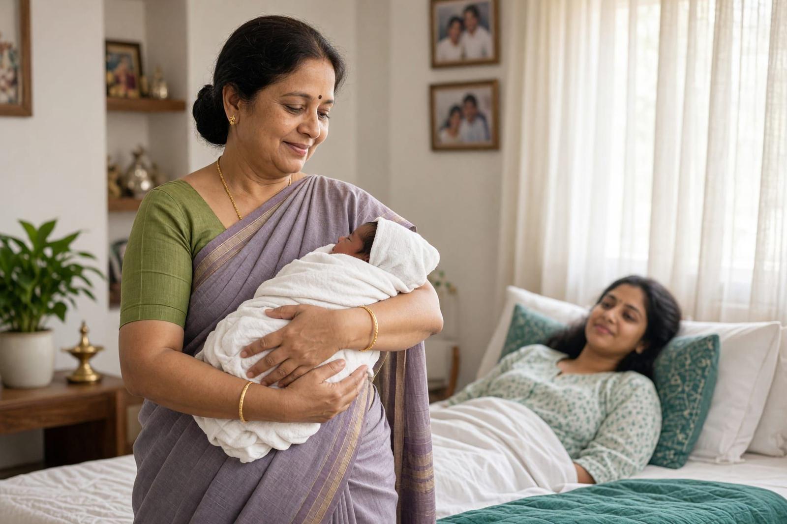 A baby-care attendant gently holding a newborn while the mother rests at home