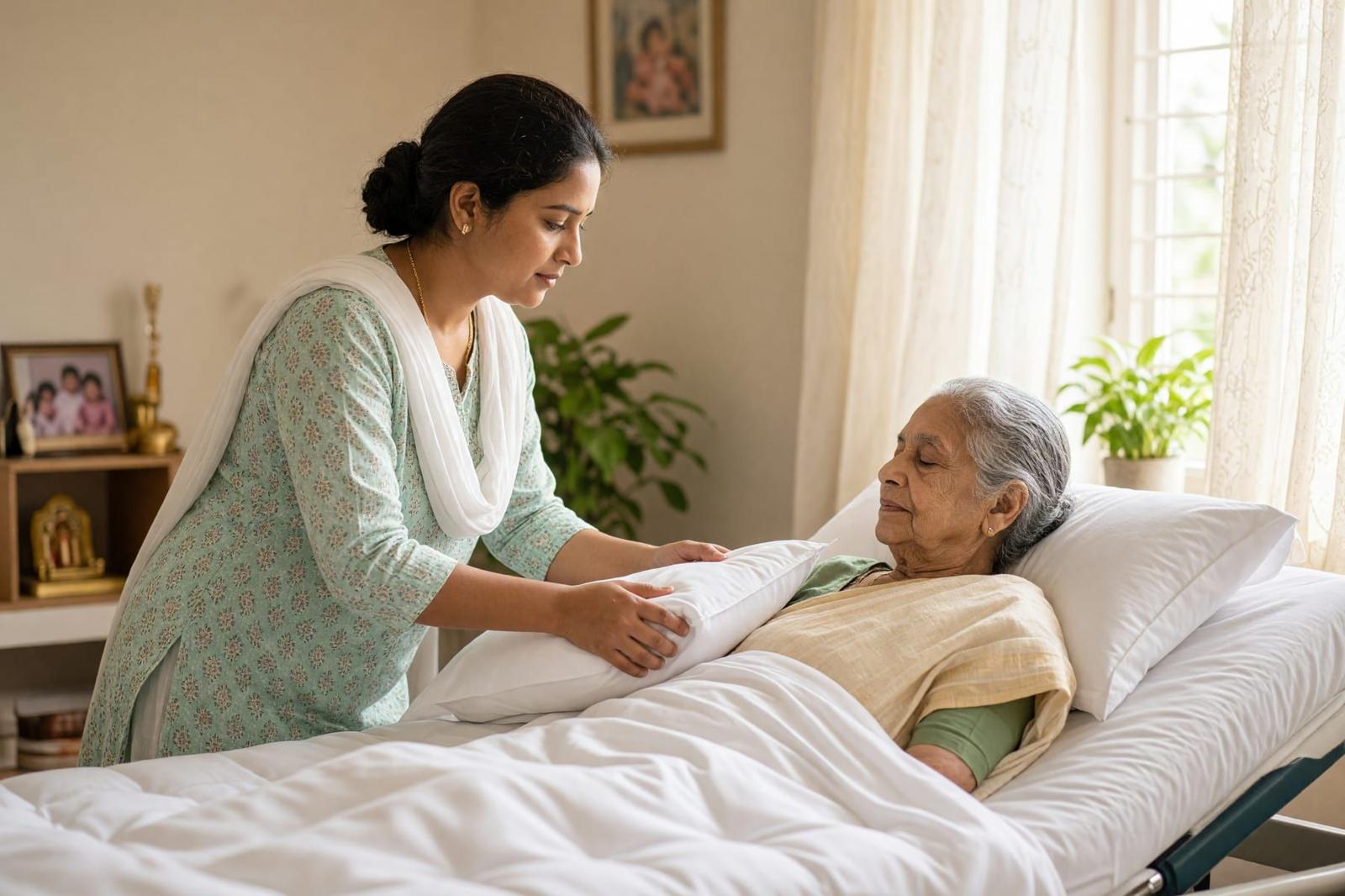 An attendant adjusting pillows for a bedridden patient in a bright bedroom