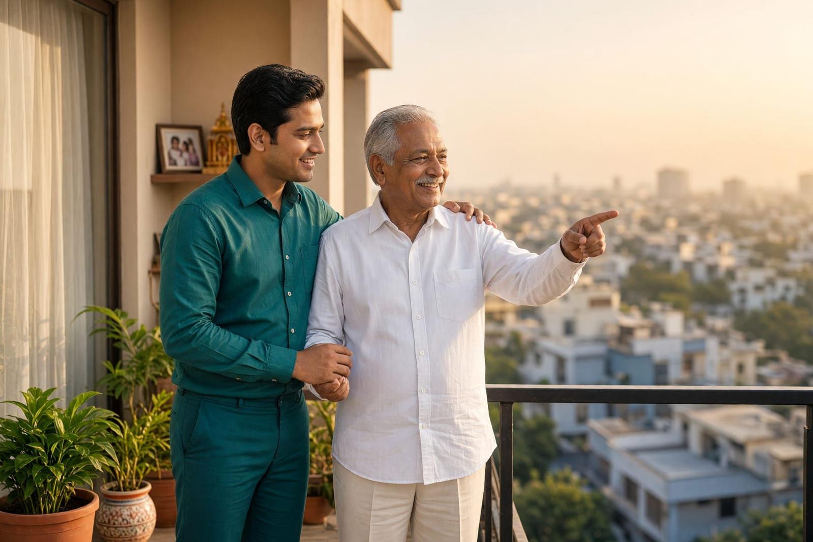 A caregiver and an elderly man sharing tea on a balcony