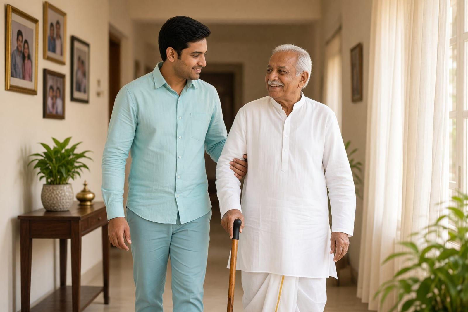 A live-in caregiver walking beside an elderly woman in her living room in Hyderabad