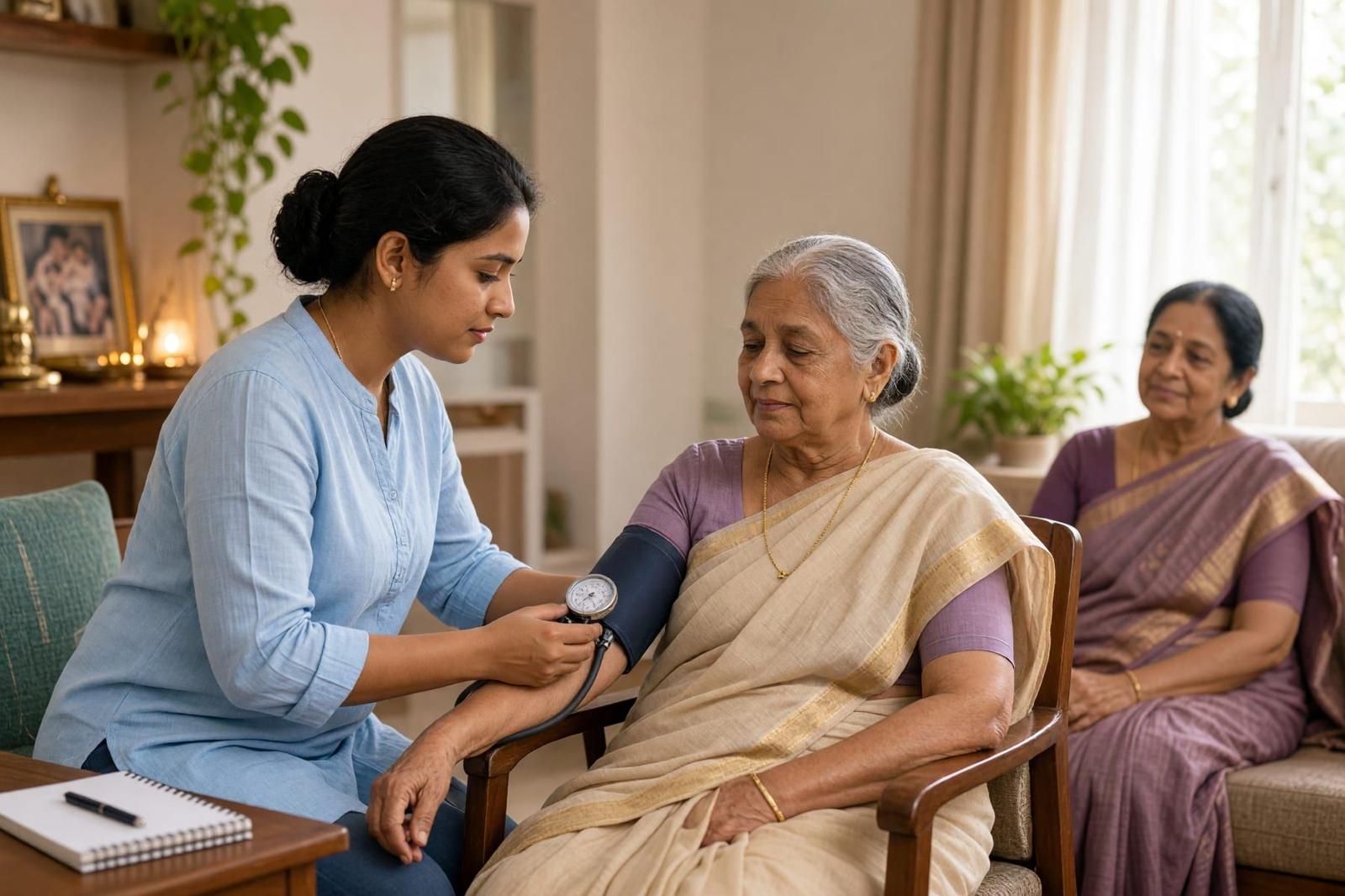 A home nurse checking a patient's blood pressure at the bedside