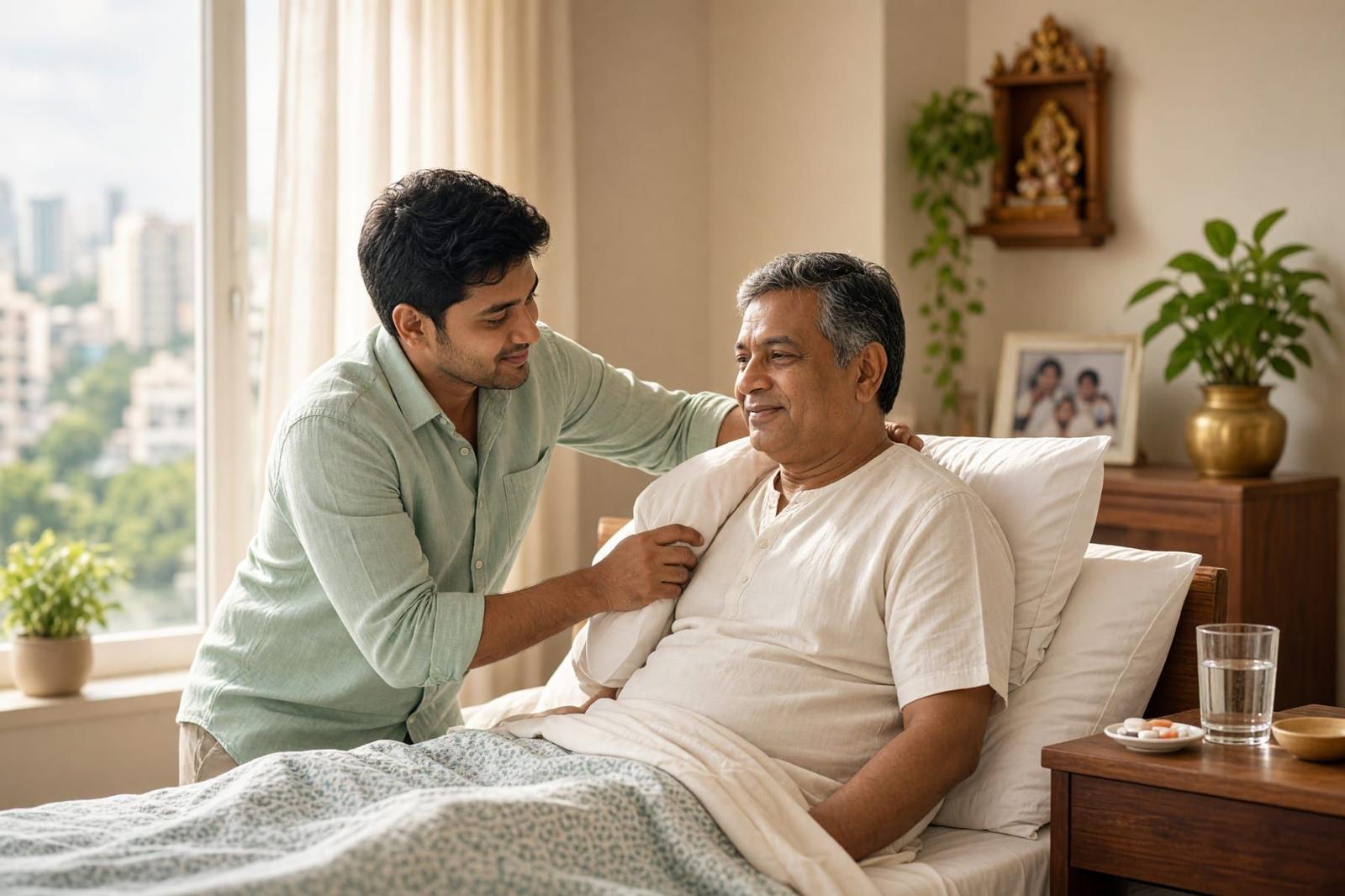A patient attendant helping a recovering man sit up in bed at home