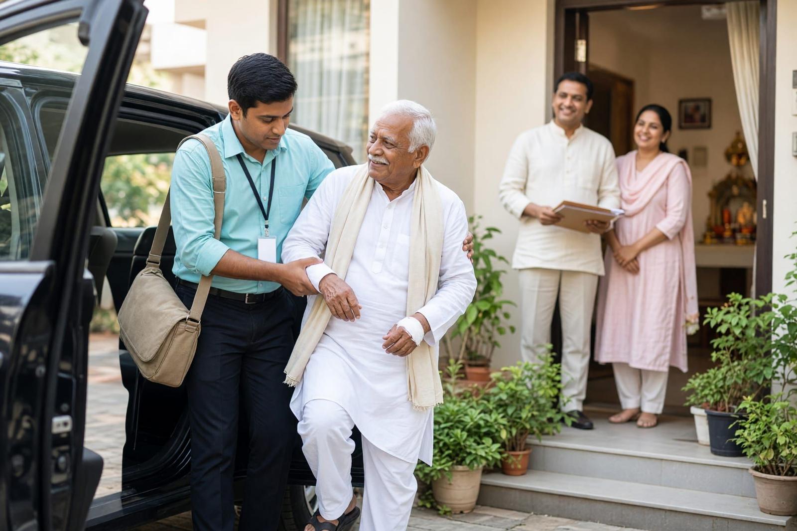 A family helping an elderly patient into a car outside a hospital